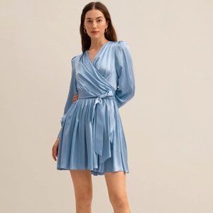NWT LilySilk The Linaria Wrap Dress Blue Silk Size Charmeuse Large L Wrap Dress